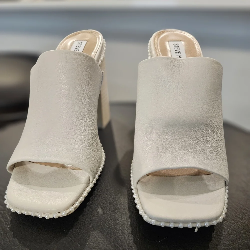 Steve Madden Decoded Pearl Block Heel Mule Sandal Bone Leather 9 NEW